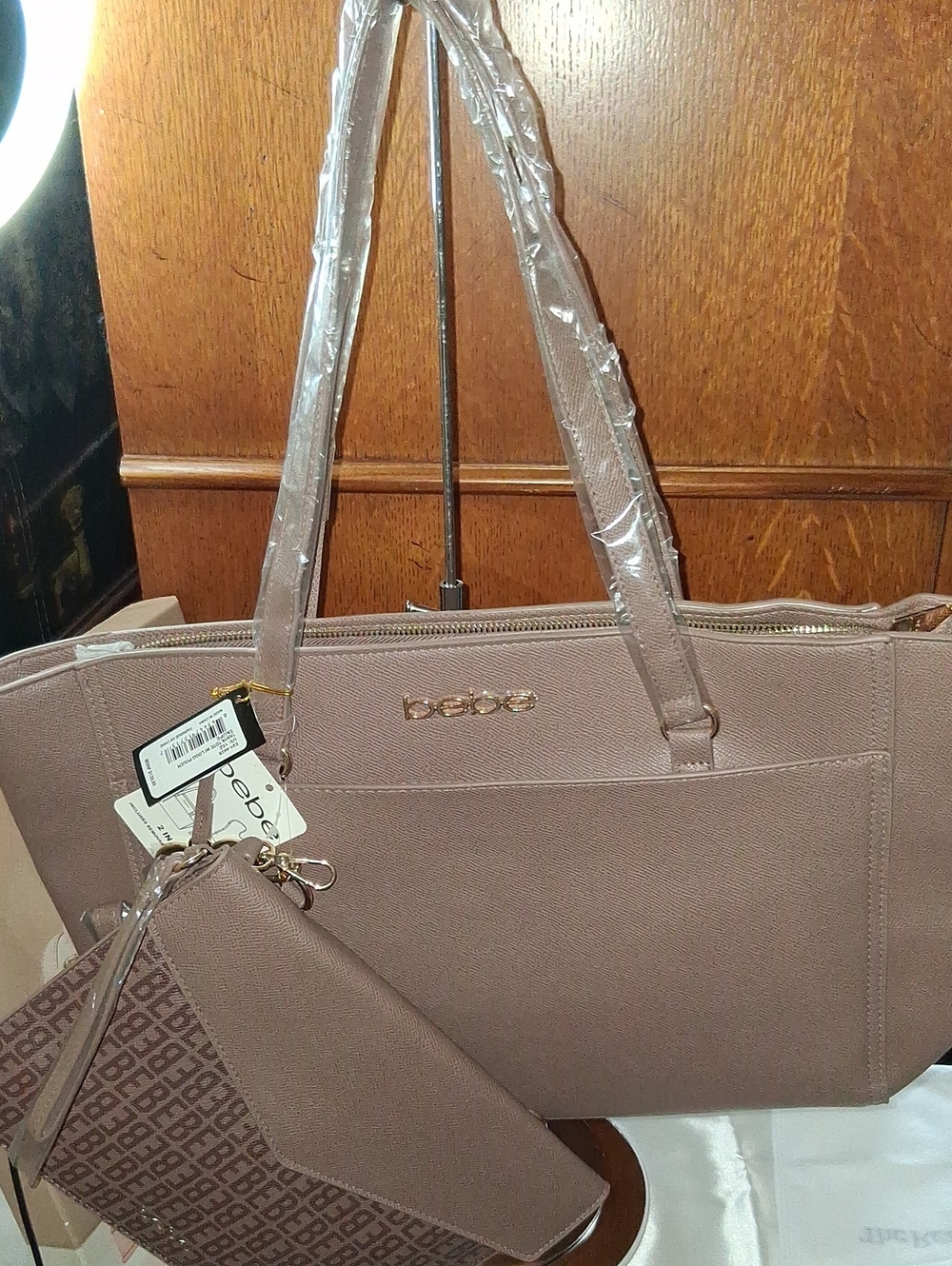 bebe Mauve Taupe Tote with Matching Wristlet NWT